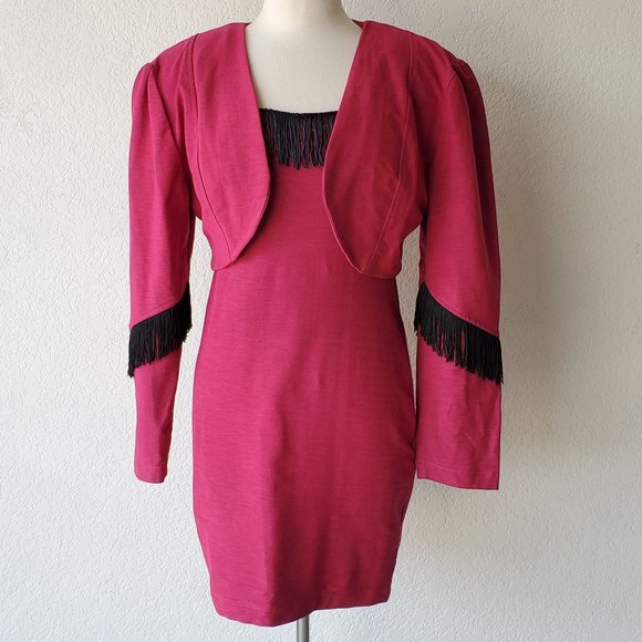 Vintage Dresses & Skirts - Vintage SEEDS 90s 2 Piece Western Cowgirl Dolly Pink Black Fringe Dress Set M